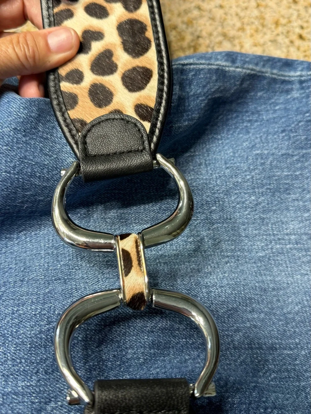 Chico’s Leopard Print Leather Belt with Silver Link Hardware NWOT Adjustable